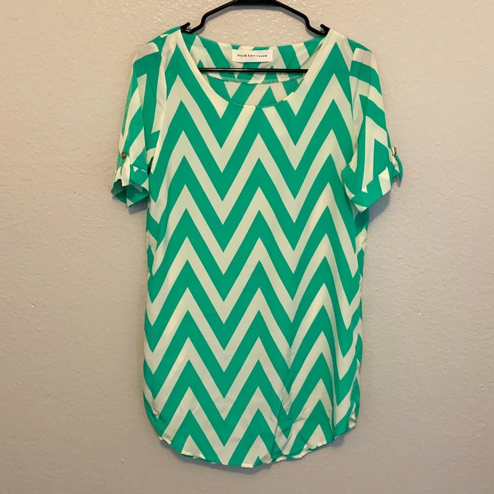 Peach Love Cream Green Chevron Mini Dress Small